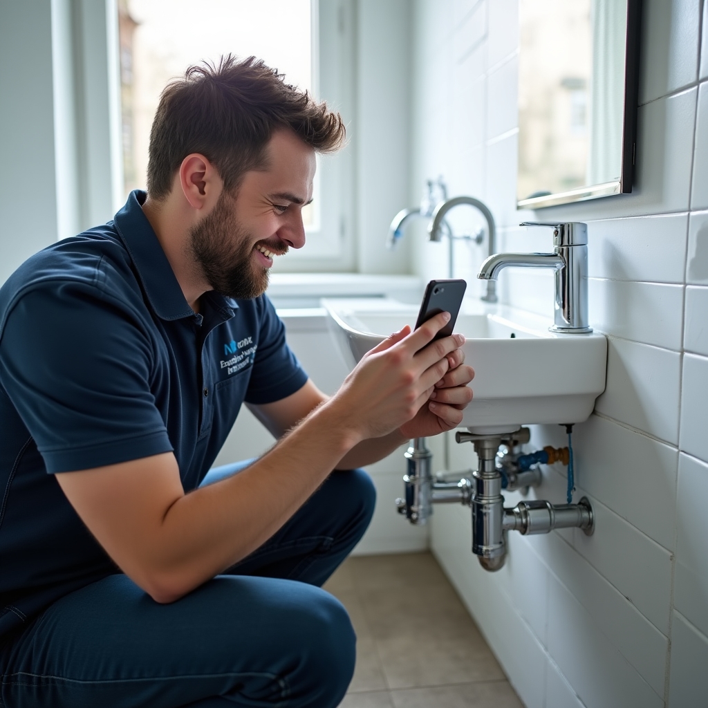 Instalatér dokumentující svou práci na fotografii