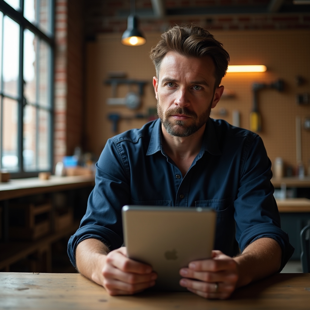 Řemeslník prohlíží vlastní firemní web na tabletu